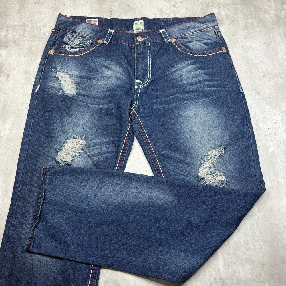 True Religion Jeans Mens 40x36 Blue Denim Straight Leg Flap Pockets Thick Stitch